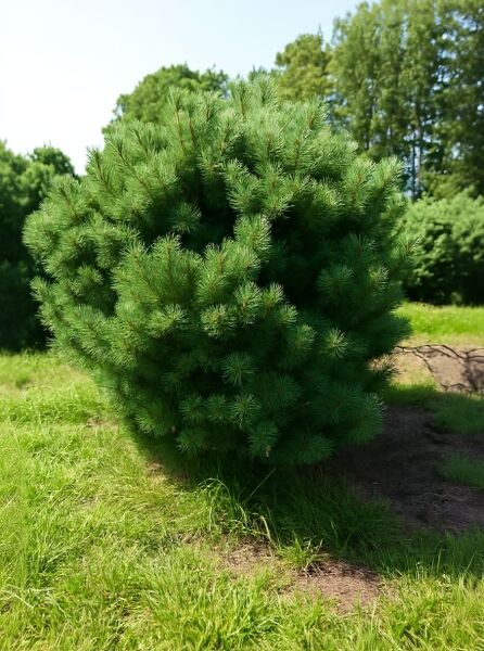 Pinus sylvestris 'Watereri' (Strauch-Wald-Kiefer), solitärer Nadelstrauch mit dichtem, rundem Wuchs und grünen Nadeln.