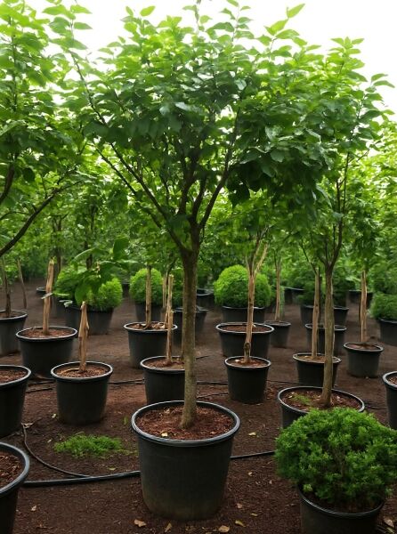 Diospyros kaki (Kakipflaume) Kakibaum Halbstamm 14-16 StU im Container C50, belaubter Jungbaum in Baumschule.