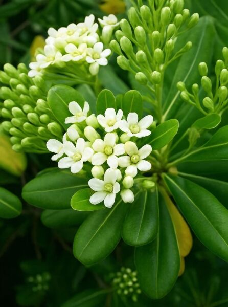 Pittosporum tobira (Chinesischer Klebsame) mit weißen Blüten und Knospen, umgeben von glänzenden, ovalen grünen Blättern