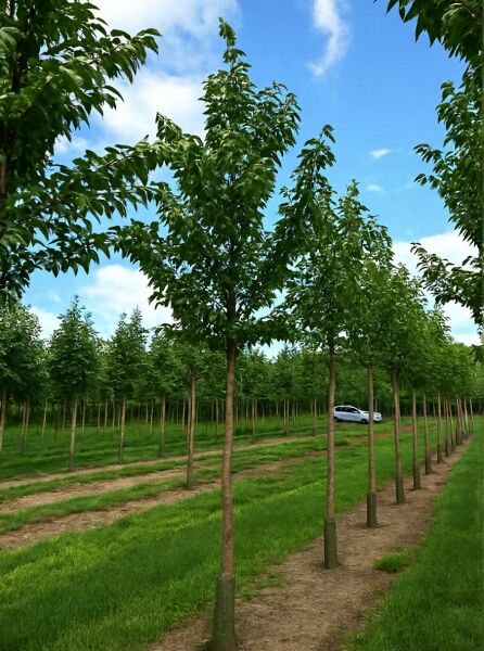 Prunus serrulata 'Sunset Boulevard' / Zierkirsche 'Sunset Boulevard' Hochstamm 16-18 StU mit Laubkrone im Bestand.