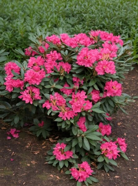 Rhododendron smirnowii 'Weinlese' / Rhododendron 'Weinlese' als Solitärstrauch mit pinken Blüten und immergrünem Laub.