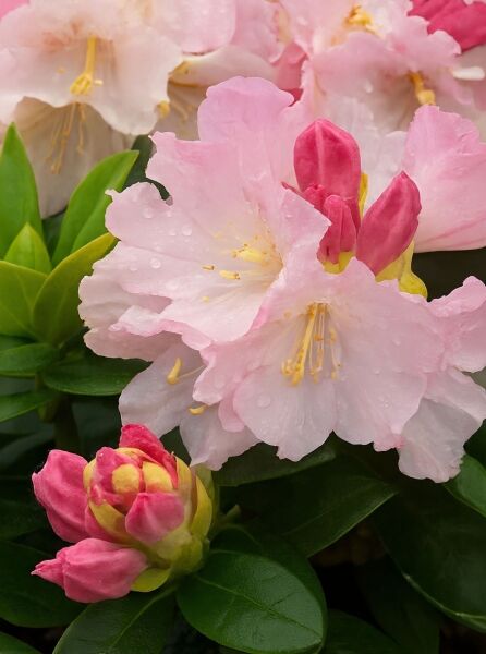 Rhododendron 'Dreamland' (Rhododendron yakushimanum) mit hellrosa Blüten und pinken Knospen, grünes Laub in Nahaufnahme.