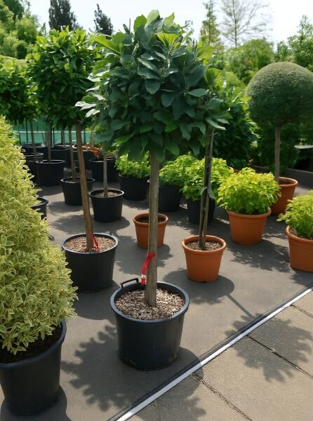 Laurus nobilis (Echter Küchenlorbeer) Kugel auf Stamm, Hochstamm im Topf mit kugelförmiger Krone.