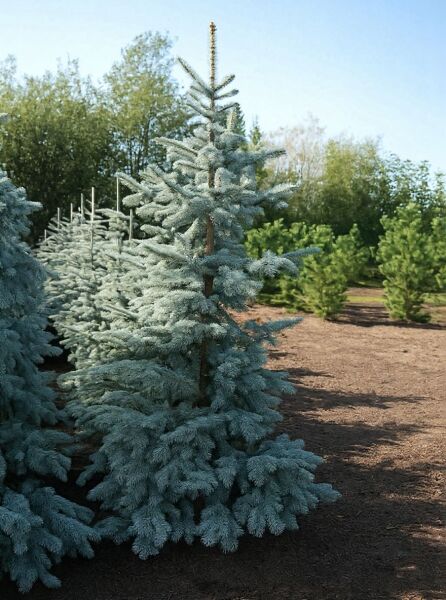 Picea pungens 'Hoto' / Stech-Fichte 'Hoto', aufrechter Nadelbaum mit blaugrünen Nadeln und etagenförmigen Zweigen.
