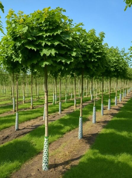 Kugel-Ahorn Acer platanoides 'Globosum', Kugelbaum mit kugeliger Krone, Stammhöhe 225 cm, Stammumfang 18–20 cm, mit Drahtballen.