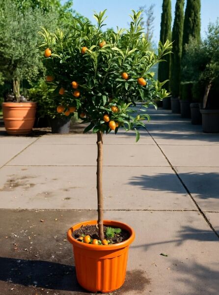Kumquat (Citrus fortunella) als Hochstamm ca. 80 cm, im Topf, mit grünen Blättern und orangefarbenen Früchten, C35