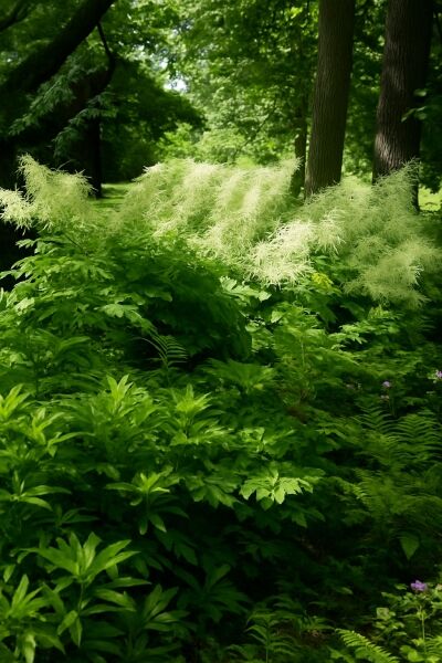 Wald-Geißbart Aruncus sinensis 'Zweiweltenkind' mit hohen, cremeweißen, fedrigen Blütenrispen und dichtem Laub