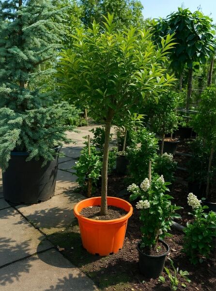Kumquat (Citrus fortunella) als Hochstamm, ca. 80 cm Stamm, im C50-Topf mit dichtem, grünem Laub.