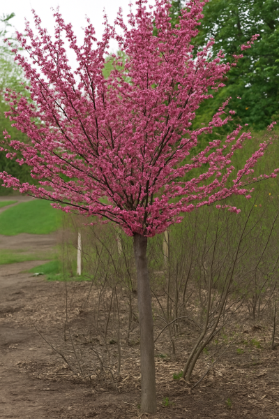 Amerikanischer Judasbaum 'Oklahoma' (Cercis canadensis) als Hochstamm mit dichter, pinker Blüte in der Krone.