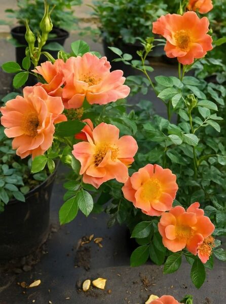 Rosa 'Bienenweide Apricot' (Bodendeckerrose) mit apricotfarbenen, offenen Blüten und grünem Laub im Topf.