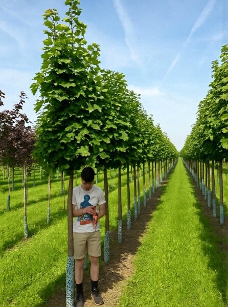 Spitz-Ahorn 'Columnare' (Acer platanoides 'Columnare'), säulenförmiger Hochstamm mit dichtem, grünem Laub in Baumschulreihe