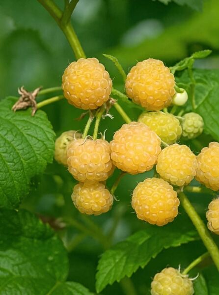 Rubus idaeus 'Golden Everest' / Gelbe Himbeere 'Golden Everest' mit gelben, reifen Früchten am Trieb und grünen Blättern