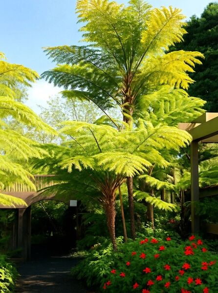 Cyathea cooperi (Schuppen-Baumfarn) als Baumfarn mit schlankem Stamm und weit ausladenden, gefiederten Wedeln