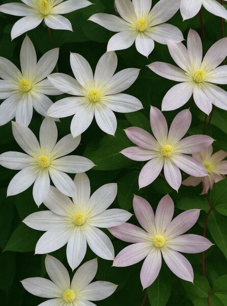 Waldrebe Clematis 'Etoile Nacree' mit sternförmigen, weiß bis zartrosa Blüten und gelber Mitte zwischen grünem Laub