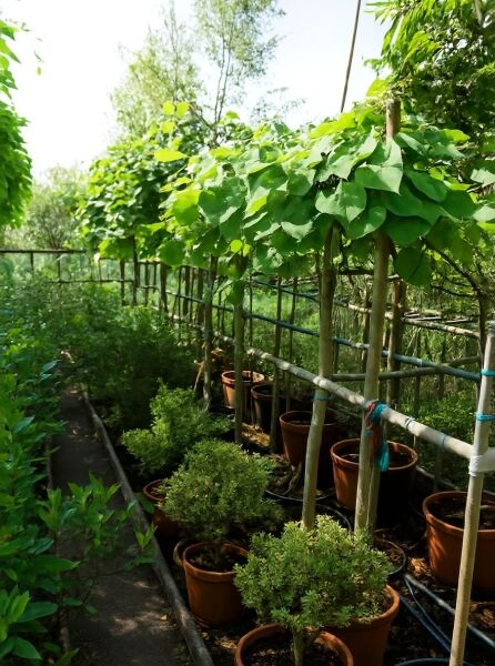 Hänge-Judasbaum Cercis canadensis 'Lavender Twist' Hochstamm 8-10 StU im Container, hängende Krone mit grünen herzförmigen Blättern.