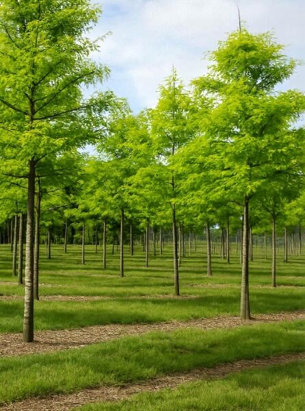 Gold-Gleditschie (Gleditsia triacanthos 'Sunburst') Hochstamm 25-30 StU mit gelbgrünem Laub und schlankem Stamm in Reihe gepflanzt