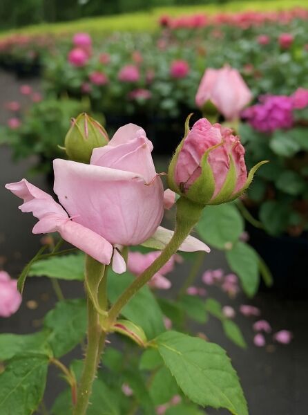 Strauchrose Rosa 'Mme Boll' mit zartrosa Blüte und Knospen am Stiel, grünes Laub sichtbar