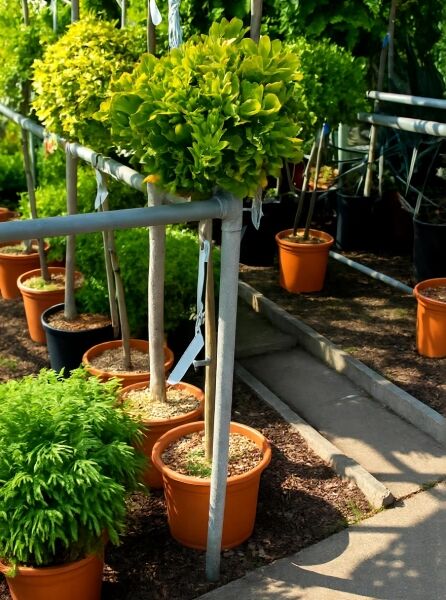 Japanischer Spindelstrauch 'Aureus' (Euonymus japonicus) 80 cm Stamm im Container C20, gelbgrünes Laub, kugelige Krone.