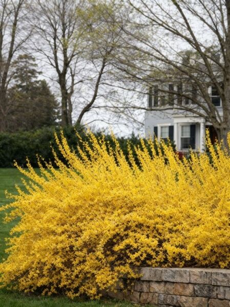Forsythie 'Lynwood' (Forsythia intermedia 'Lynwood') als Strauch mit zahlreichen gelben Blüten an bogig wachsenden Trieben.