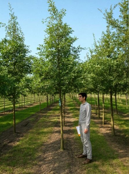 Quercus palustris (Sumpf-Eiche) Hochstamm 20-25 StU mit Drahtballen, Baum in Baumschule mit schlankem Stamm und Krone.
