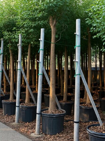 Cinnamomum camphora (Kampferbaum/Kampferlorbeer) Hochstamm 20–25 StU im Container, angebunden mit Stützpfählen.