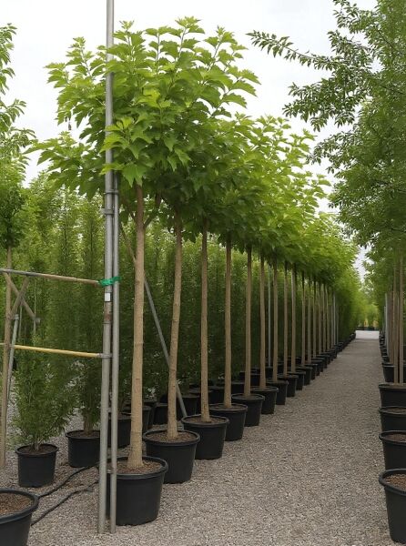 Morus alba 'Fruitless' / Weißer Maulbeerbaum 'Fruitless' Hochstamm im Container, mit grüner Krone und geradem Stamm.