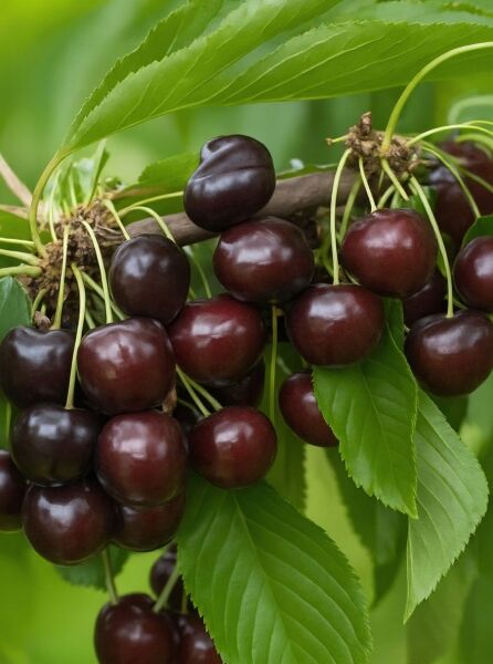Prunus avium 'Inspecteur Löhnis' / Süßkirsche 'Inspecteur Löhnis' mit dunklen Kirschen am Zweig und grünen Blättern