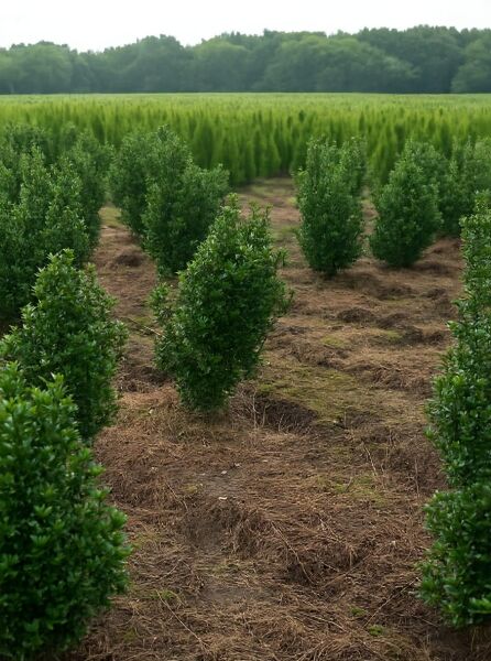 Stechpalme Ilex meserveae 'Heckenstar', 60–80 cm mit Ballen, aufrecht wachsender, dicht belaubter Strauch in Reihe gepflanzt