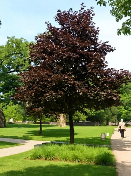 Spitzahorn 'Schwedleri' (Acer platanoides 'Schwedleri') als Hochstamm mit dunkelrotem Laub und runder Krone im Garten.