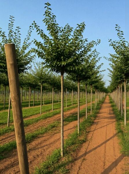 Prunus yedoensis / Tokio-Kirsche Hochstamm 18-20 StU m. Db., Baum mit geradem Stamm und grüner Krone in Baumschule