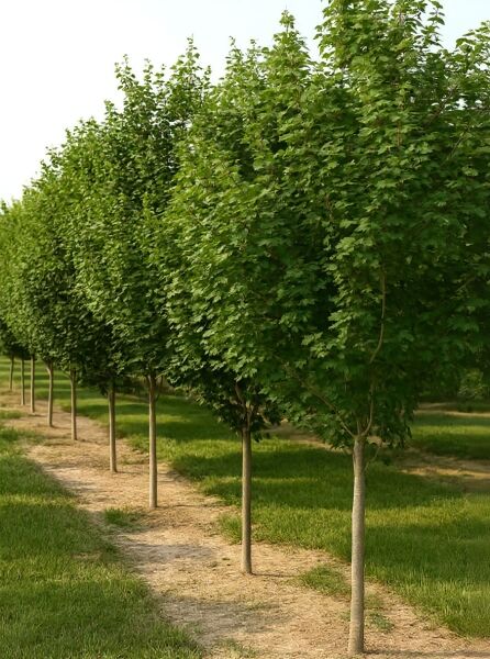 Feld-Ahorn (Acer campestre) 'Queen Elizabeth' als Hochstamm mit dichtem, kugeligem Kronenaufbau in Reihe gepflanzt.