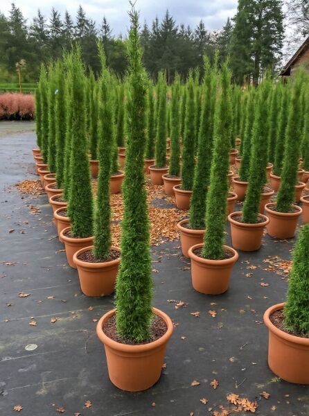 Thuja occidentalis 'Smaragd' Toskanasäule, Lebensbaum 'Smaragd' Toskanasäule 125-150 cm C25, säulenförmig im Topf
