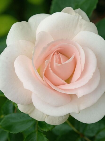 Beetrose Rosa 'Aspirin Rose ®' mit hellrosa bis cremeweißer, gefüllter Blüte in Nahaufnahme und grünem Laub.