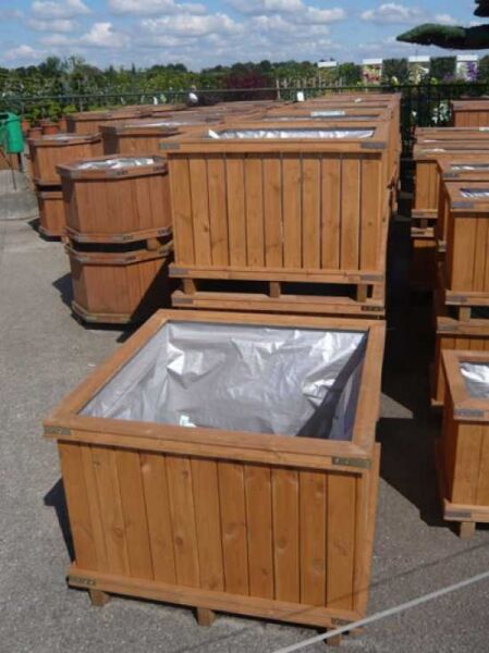 Holzkübel 4-eckig aus Lärche (Larix decidua), 100 x 100 x 65 cm, quadratischer Holzpflanzkübel mit Folieneinsatz