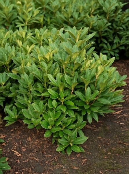 Rhododendron Hybride 'Arktis' (Rhododendron 'Arktis') Solitär, 80–90 cm Breite, kompakter Strauch mit grünem Laub.