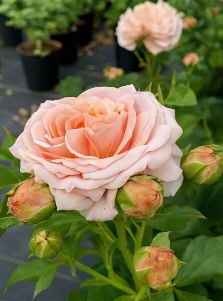 Beetrose Rosa ‘Cremosa’® mit gefüllter, zartrosa Blüte und mehreren Knospen am grünen Trieb.