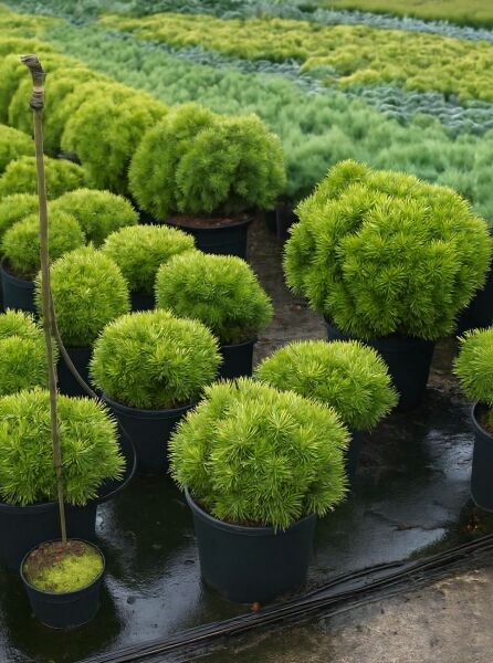 Pinus mugo 'Mops' / Kugel-Kiefer 'Mops', kugelig wachsender Nadelstrauch im Topf, 40–50 cm breit, Container C12.