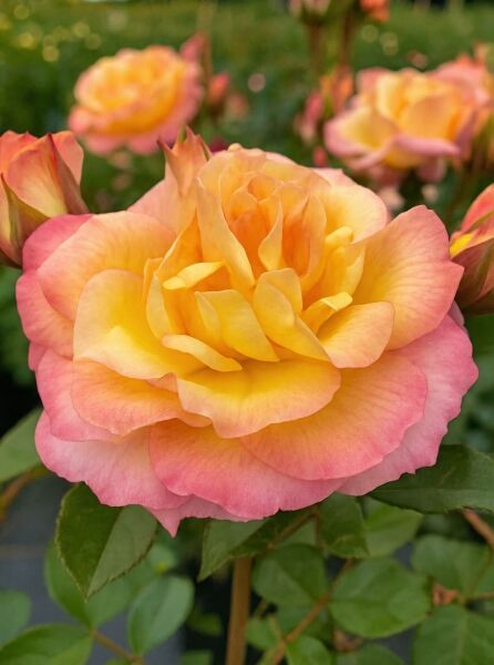 Strauchrose Rosa 'Dekora' mit großer gelb-apricotfarbenen Blüte und rosafarbenem Rand, umgeben von grünen Blättern