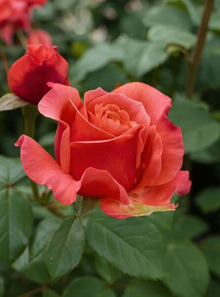 Edelrose 'Mary Ann' (Rosa 'Mary Ann') mit gefüllter, lachsrosa Blüte und grünem Laub am Trieb.