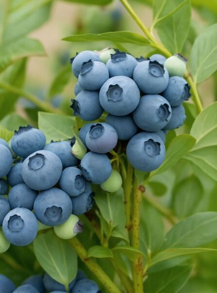 Vaccinium corymbosum 'Northcountry' / Zwerg-Heidelbeere 'Northcountry', reife blaue Beeren in Trauben am Strauch mit grünen Blättern