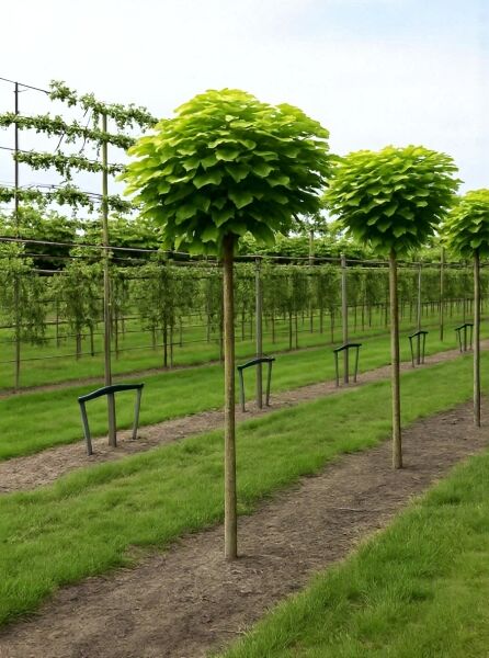 Kugel-Trompetenbaum (Catalpa bignonioides 'Nana') Hochstamm ca. 225 cm, Stammumfang 12–14 cm, mit runder Krone.