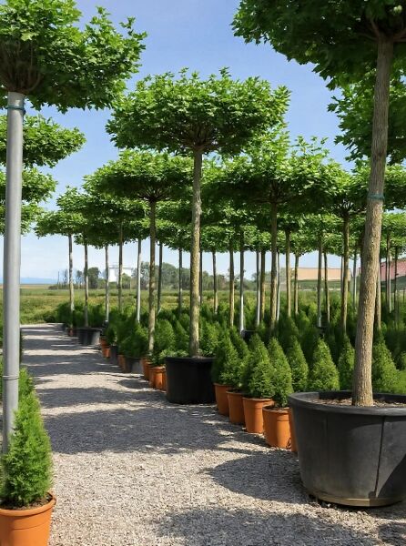 Platanus acerifolia, Dach-Platane in Dachform/Sternform als Schirmplatane, Hochstamm im Container mit geschnittenem Dachkronenaufbau.