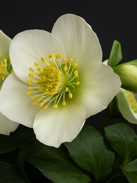 Christrose (Helleborus niger) mit weißer Blüte und gelben Staubgefäßen, umgeben von dunkelgrünen Blättern.