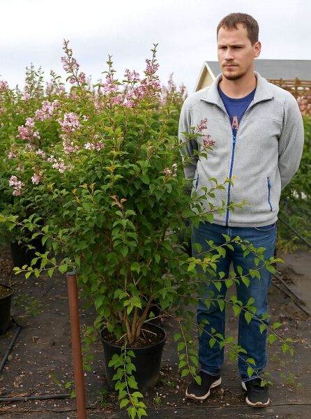 Syringa microphylla 'Superba' / Herbstflieder 'Superba', 125-150 cm C20, Strauch im Topf mit rosa Blüten und grünen Blättern