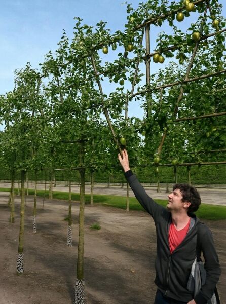 Pyrus communis 'Konferenzbirne' – Birne Konferenzbirne als Hochstamm-Spalier mit grünen Früchten an Spalierästen