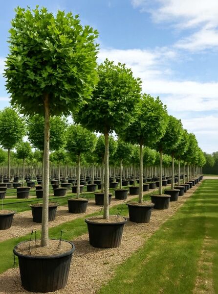 Platanus acerifolia 'Alphen's Globe' / Kugel-Platane, Hochstamm im Container mit kugeliger Krone.