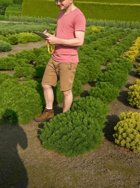 Pinus mugo 'Humpy' / Zwerg-Bergkiefer 'Humpy', Solitär mit Ballen, 40–50 cm breit, kompakter Nadelstrauch im Feld.