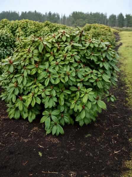 Rhododendron Hybride 'Junifreude' (Rhododendron 'Junifreude') Solitärstrauch 140–160 cm Breite mit dichtem, grünem Laub