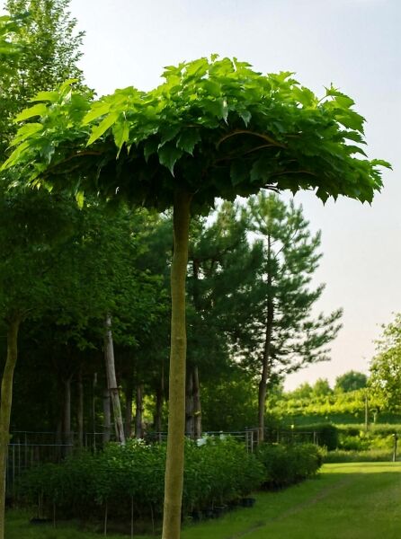 Morus alba 'Macrophylla' / Platanenblättriger Maulbeerbaum 'Macrophylla' als Dachbaum mit rundem Kronendach und großem Laub.