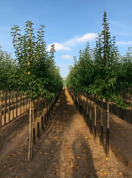 Malus domestica 'Golden Delicious' / Apfel 'Gelber Köstlicher' Hochstamm 10-12 StU mit Drahtballen, Baumreihe in Baumschule